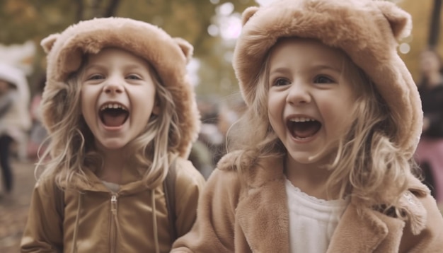 Photo smiling girls in warm clothing playing outdoors enjoying childhood joy generated by artificial intelligence