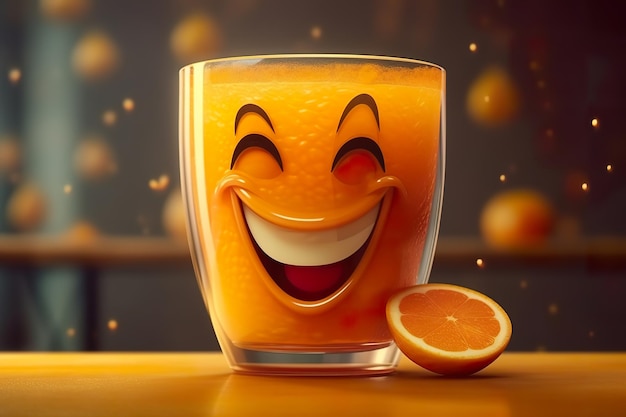 A smiling glass of orange juice with a smile on it.