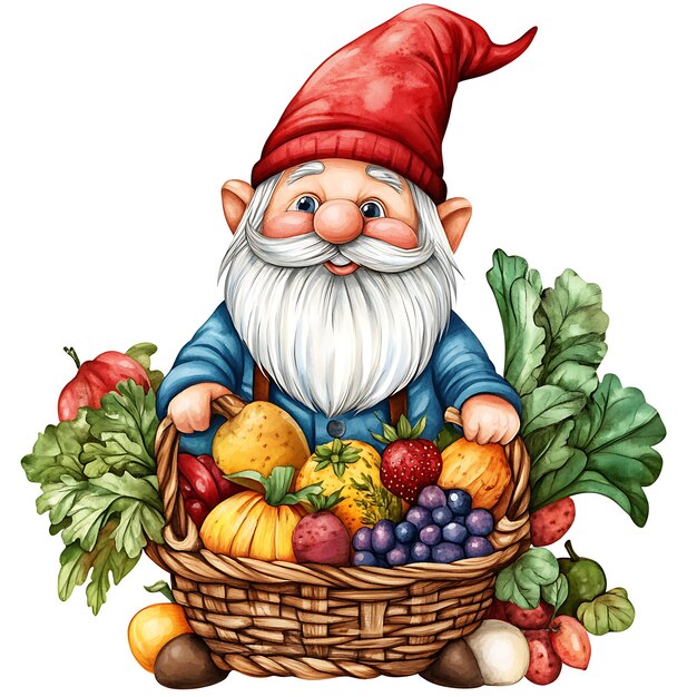 Photo smiling gnome holding a basket full of autumn harvest