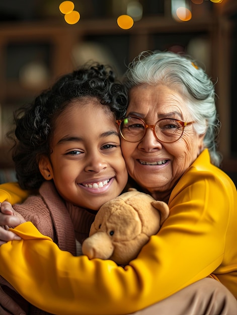 Smiling Granddaughter and Grandmother Embracing the Joy of Saving Money Together