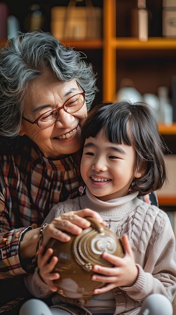 Photo smiling granddaughter and grandmother embracing the joy of saving money together