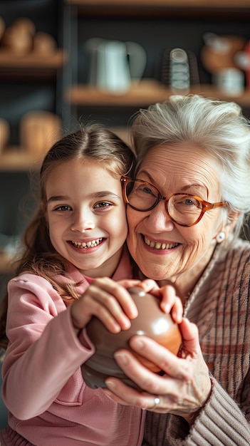 Smiling Granddaughter and Grandmother Embracing the Joy of Saving Money Together