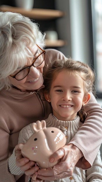 Smiling Granddaughter and Grandmother Embracing the Joy of Saving Money Together