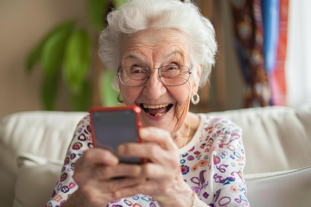 Smiling grandmother engaging with gadgets