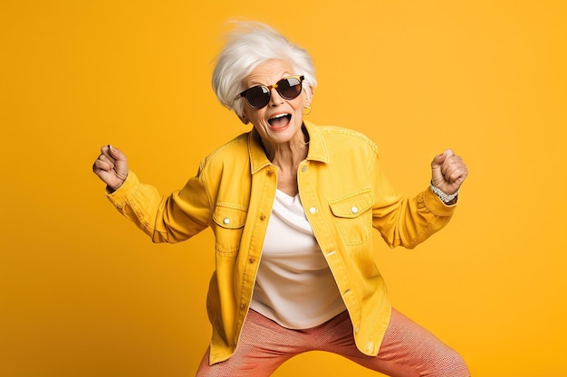 Smiling grandmother posing on a photo studio with yellow background