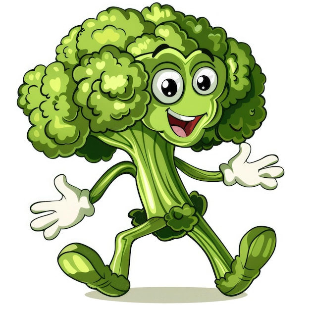 Photo smiling green broccoli cartoon character walking