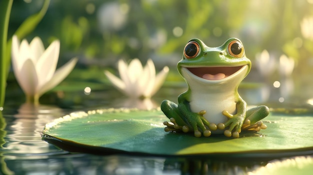 Photo a smiling green frog resting on a lily pad