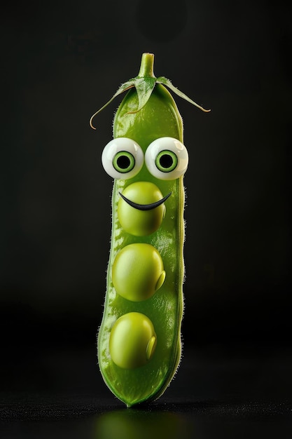 Photo smiling green pea pod with googly eyes