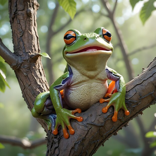 Smiling Green Tree Frog Perched on a Branch