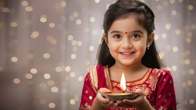 smiling gril holding diya candles in diwali on bokeh background