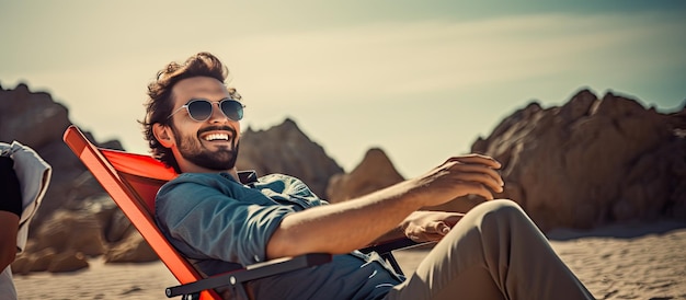 Smiling guy enjoying outdoor leisure on beach rocks drinking soda