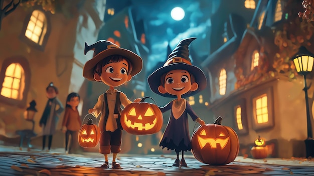 Photo smiling halloween cartoon kids on spooky city streets with carved pumpkins and lit candles with street lantern lights