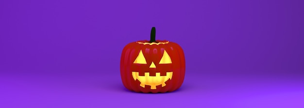 Smiling halloween pumpkin banner on purple background. 3d illustration.