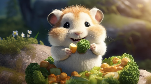 A smiling hamster nibbling on a piece of broccoli AI generated