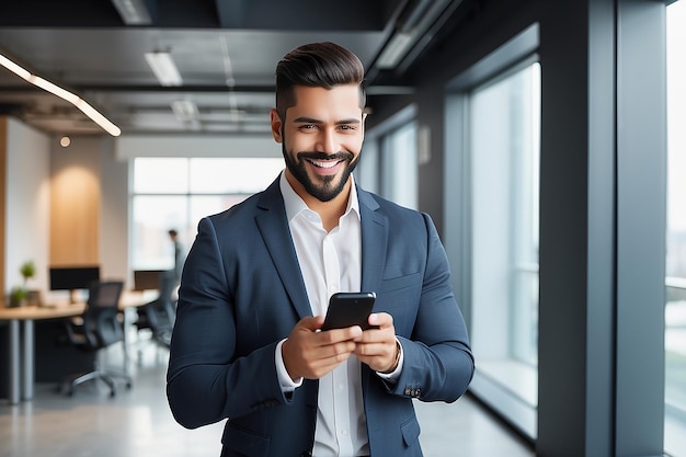 Smiling handsome Latin business man executive or employee using cell phone happy