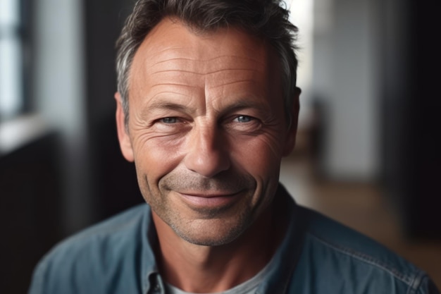 Smiling handsome middle aged 50s single man looking at camera standing at home happy satisfied confident senior mature european male model posing indoors for close up face headshot portrait