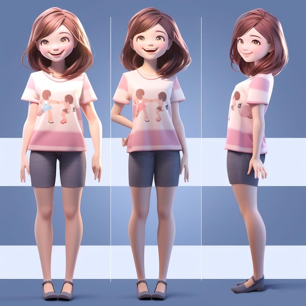 Smiling happy adult girl three photo in collage generative AI Multiple pose of 3D girl