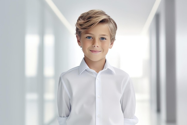 smiling happy boy standing on white wall in a room looking at camera