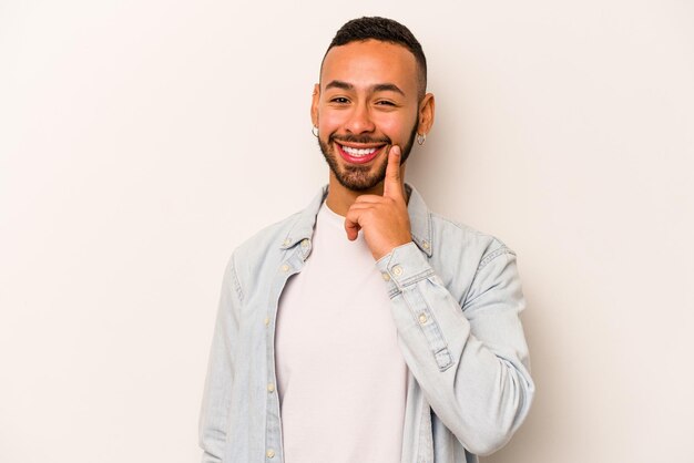 Smiling happy and confident touching chin with hand