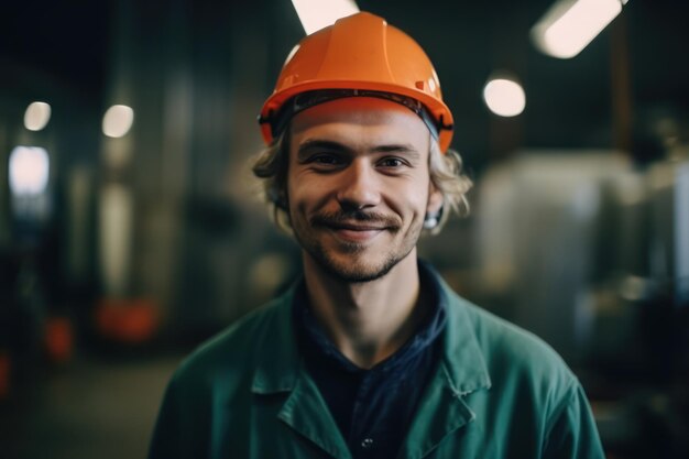 Smiling and happy employee industrial worker indoors in factory young technician with orange hard hat