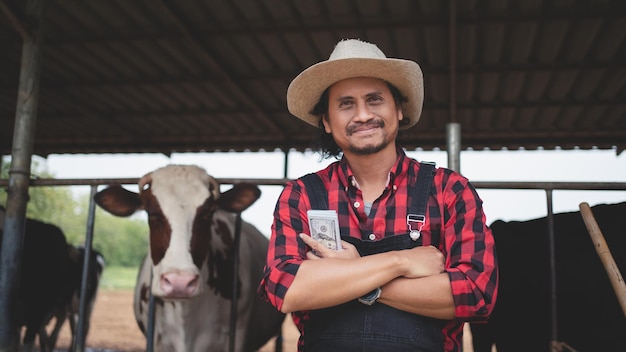 Smiling and happy farmers get income from the dairy farm Agriculture industry farming and animal husbandry concept Cow on dairy farm eating hay Cowshed