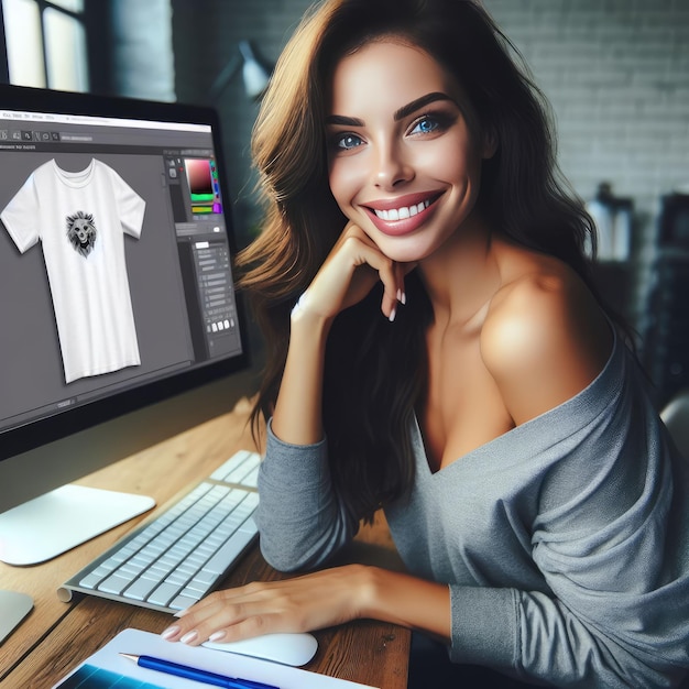 Smiling happy girl design your custom tshirt in a Laptop