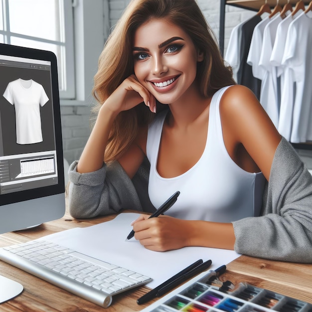 Smiling happy girl design your custom tshirt in a Laptop