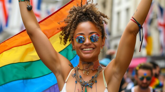 smiling and happy girl is holding up the rainbow flag at parade pride in LGBT festival