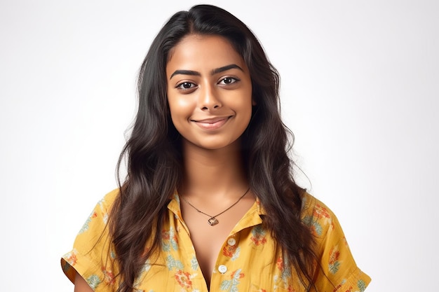 smiling happy indian woman in summer shirt on white background