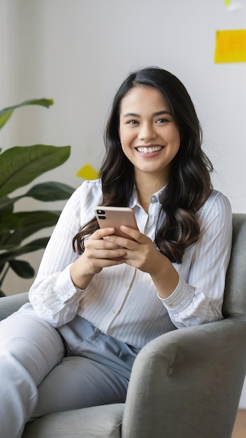 Smiling happy millennial woman holding smartphone relaxing on armchair