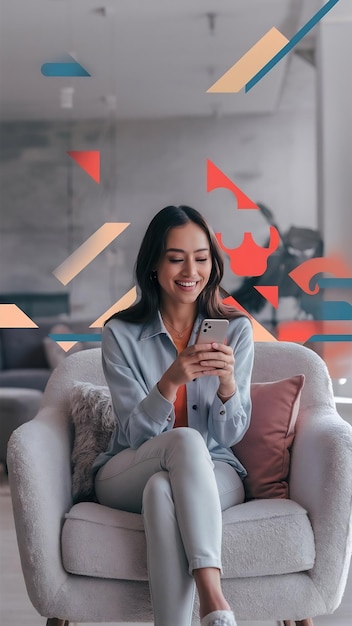 Smiling happy millennial woman holding smartphone relaxing on armchair