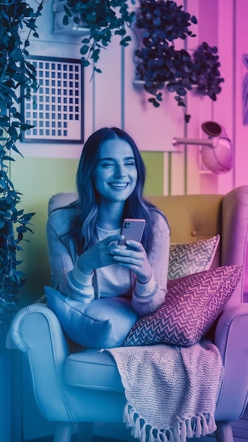 Smiling happy millennial woman holding smartphone relaxing on armchair