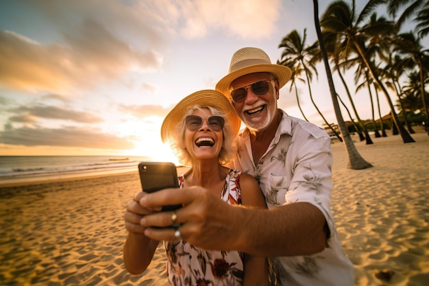 smiling and happy older couple sitting and hugging each other on the beach floor taking a selfie