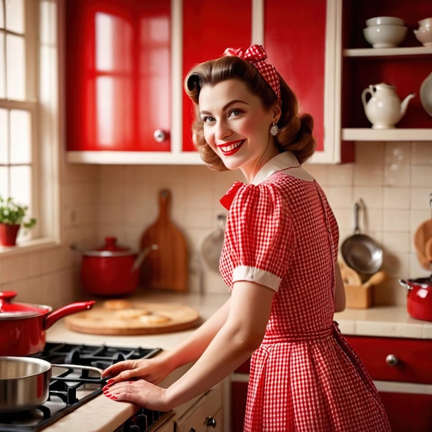 Smiling happy retro vintage 1950s housewife in red kitchen