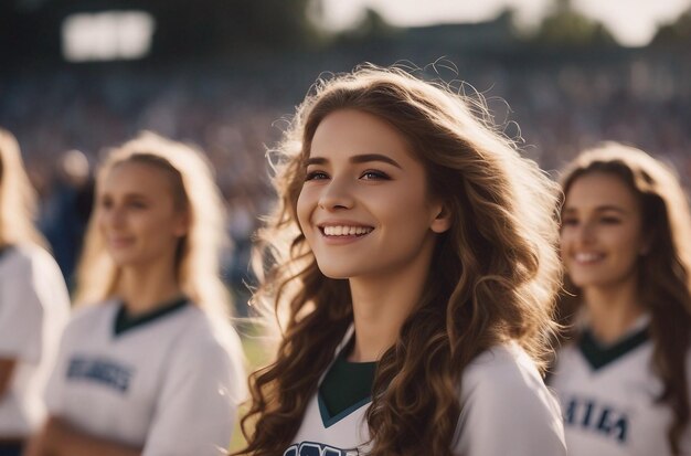 Smiling Happy teenage girl high school cheerleaders clapping on sideline at football game