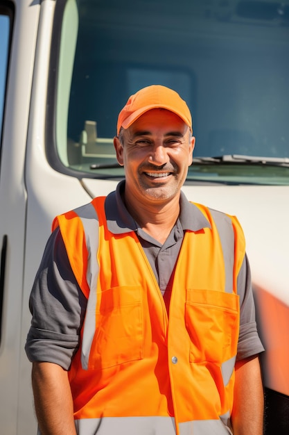 Photo smiling happy truck driver man in orange vest and cap closeup portrait near the truck vehicle sunny