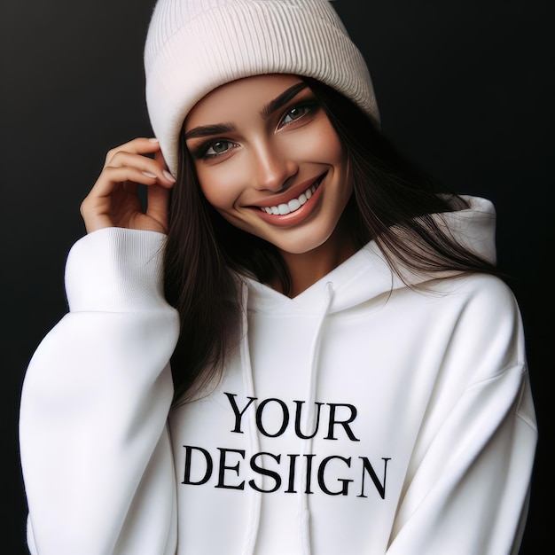 Smiling happy woman wearing Hoodie mock up