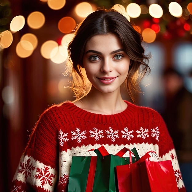 Smiling happy woman with shopping bags doing Chrismas shopping