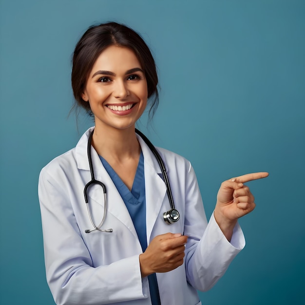 Smiling happy women doctor pointing with finger on blue background