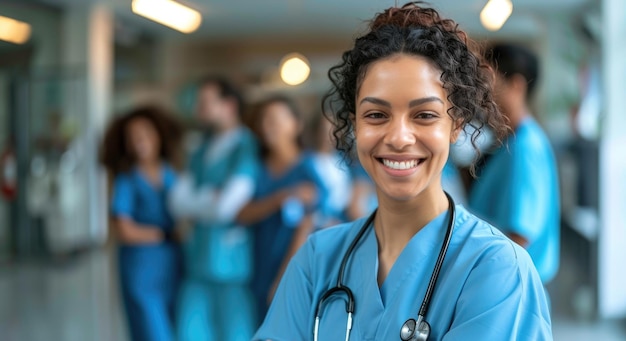 Smiling healthcare professional in scrubs with colleagues background