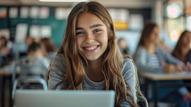 Smiling High School Student Engaged with Laptop During Classroom Lesson