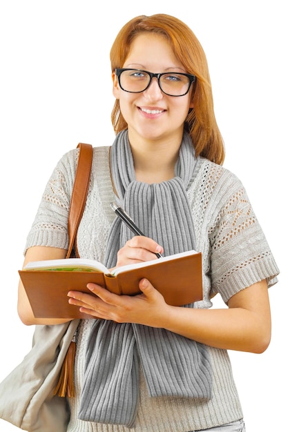 A smiling hipstergirl with notepad