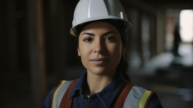 A smiling Hispanic female construction worker standing in construction site