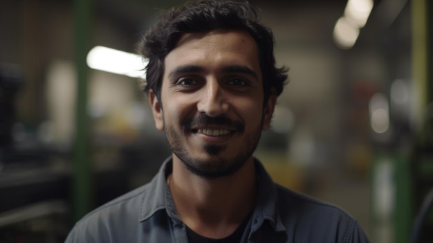 A smiling Hispanic male factory worker standing in metal sheet factory