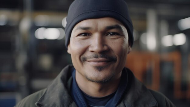 A smiling Hispanic male factory worker standing in oil refinery plant