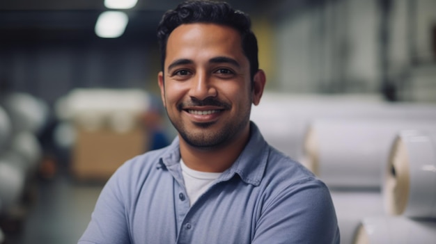 A smiling Hispanic male factory worker standing in warehouse