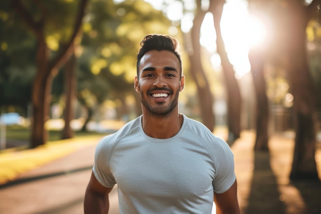 Smiling Hispanic Man Enjoying Sunny Park Jog Radiating Happiness And Success