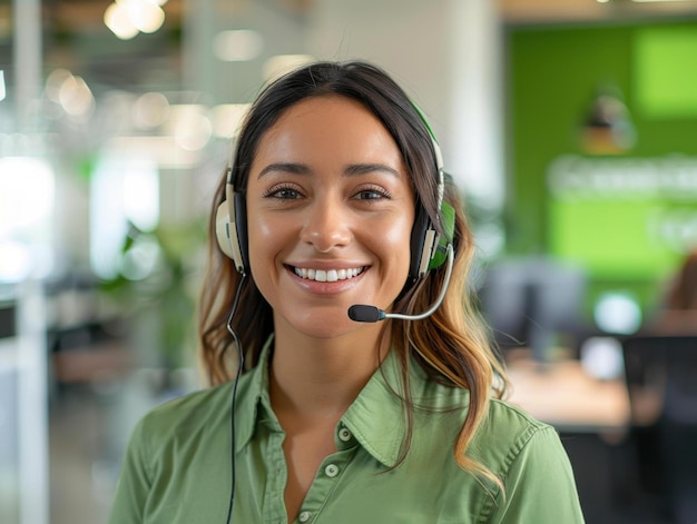 Smiling Hispanic Woman Customer Service Representative Wearing Headset Green Shirt Office Background