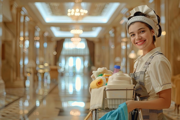 Photo a smiling hotel maid with cleaning cart and cleaning supplies looking at the camera and posing