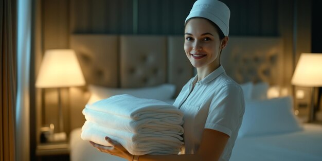 A smiling hotel staff member holds freshly laundered towels The room is elegantly designed with soft lighting and a cozy atmosphere Perfect for showcasing hospitality service AI